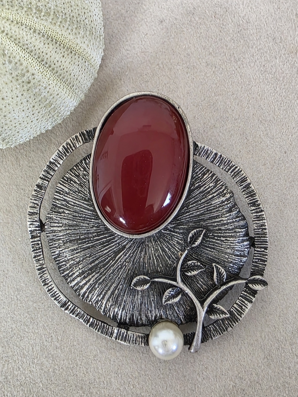 Gunmetal Silver Modern Brooch Pin With  Burgundy faux Stone And Pearl Accent